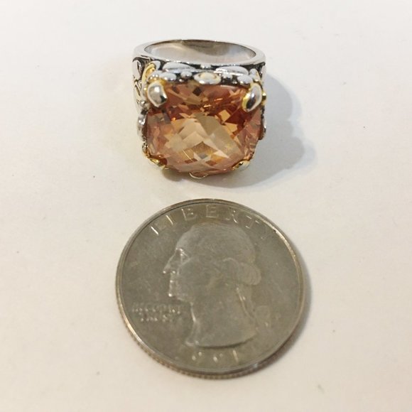 Amber Orange Stone Ring Ornate 18KGE Silver Gold - Picture 8 of 8